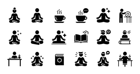 Yoga and wellness icons featuring meditation, reading, and coffee in simple black silhouette style