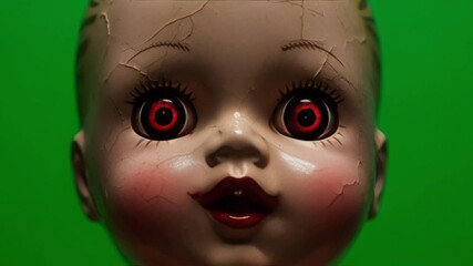 Creepy vintage doll face with cracked porcelain skin and wide black eyes stares unsettlingly against a vibrant green screen backdrop, perfect for horror or nostalgic themes. - Powered by Adobe