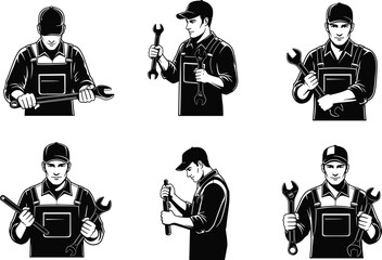 Mechanic Holding Wrench Silhouettes, Professional Worker Illustration Set for Automotive, Repair and Maintenance Design
