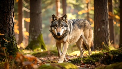 Fototapeta premium A wolf in an autumn forest, bathed in sunlight