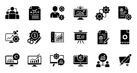 Business infographic icons set featuring charts, graphs, and management concepts in bold silhouette design