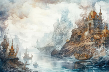 A fantastic watercolor illustration of a mysterious city on the rocks by the sea.  