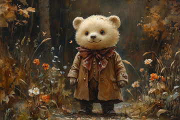 A charming illustration of a teddy bear in a fairytale watercolor style. The little bear is depicted standing in the middle of an autumn forest,  