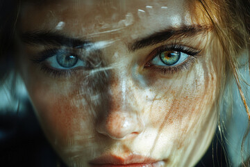 Atmospheric artistic close-up portrait, focusing on the girl's eyes with blue and green-gold shades of the iris.  
