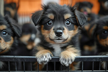 A close-up of an adorable puppy looking straight at the camera with his paws on the fence.  