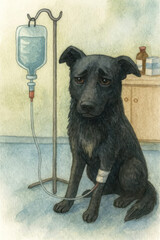 Watercolor illustration of a sick dog in a veterinary clinic. The black dog with a sad expression in his eyes sits on the floor with an IV drip. 