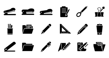 Obraz premium Silhouette office supplies icons: essential tools for workspace organization