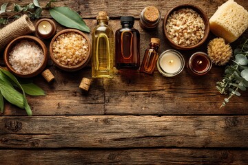Relaxing spa treatment arrangement on a rustic wooden table, featuring bath salts, aromatherapy oils and scented candles, creating a serene ambiance for wellness.