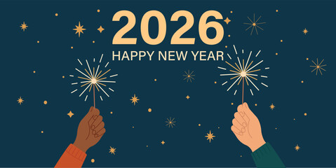 Happy New Year 2026 Celebration with Hands Holding Sparklers and Fireworks