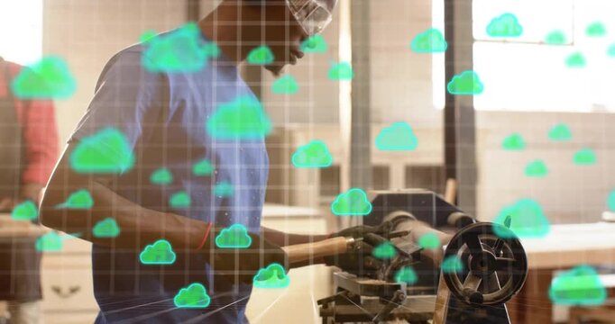 Technician positioning chisel shaving blank for refining shape while grid and cloud icons drifting