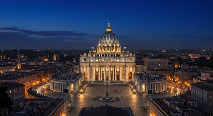 Fototapeta premium Vatican City's Saint Peter's Basilica glows under the twilight sky in a captivating nocturnal view