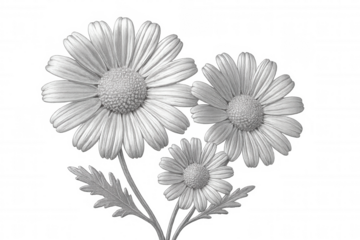 Delicate pencil-rendered chamomile flowers featuring detailed stems and leaves, transparent backdrop, suitable for graphic design work