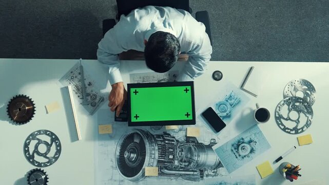 Top view of engineer looking at phone while working on tablet with green screen at meeting table with turbine engine or jet engine sketch design and various metal gear scatter around. Alimentation.