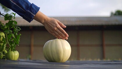 Hand gently touching a pale, round fruit
