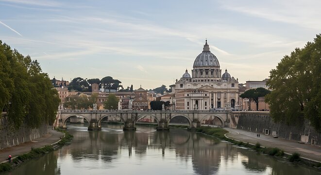 St Peters Basilica and Ponte Sant Angelo in Rome Italy.
