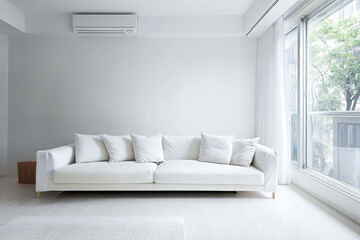 Fototapeta premium Minimalist modern living room with white sofa natural light and simple decor creating clean elegant and peaceful home interior design atmosphere
