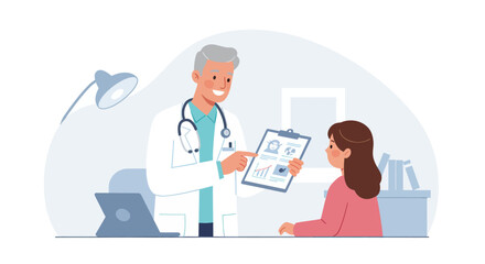 Friendly male doctor with a stethoscope explaining medical results on a clipboard to a female patient during a clinic consultation.