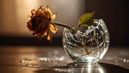 Cinematic photo of wilted flower in cracked glass vase symbolizing fragility loss survival and resilience