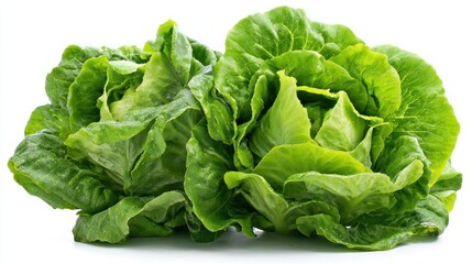 Obraz premium Two fresh green heads of butter lettuce, leaves ruffled, isolated on white