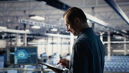Fototapeta premium Jolly IT professional monitors server room activity using tablet in facility. Happy data center technician reviews rigs tests results with device to ensure systems are working correctly, camera B