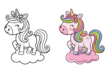 Cute Unicorn Vector Illustration – Coloring Page for Kids, Kawaii Rainbow Pony Printable