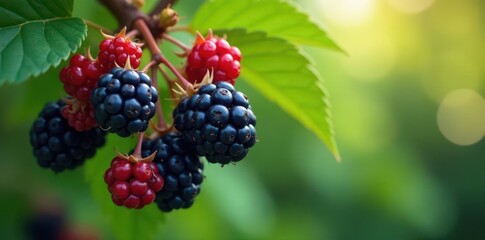 Dense cluster of ripe blackberries hanging from a bush, foliage, blackberries, plants