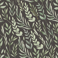 Naklejka premium Seamless watercolor botanical pattern with green leaves and branches on dark background. Elegant foliage design for fabric, wrapping paper, wallpaper, and natural-themed decor.