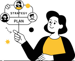Illustration of a woman presenting a strategy and plan for a team collaboration and network, isolated on white background