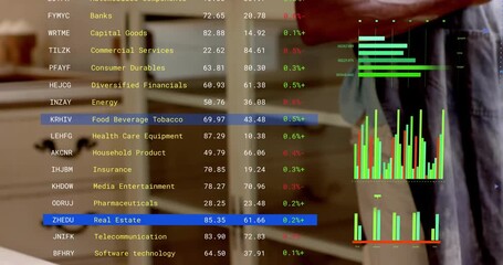 Male craftsman tapping tablet and causing scrolling financial dashboard overlay for sector analysis - Powered by Adobe