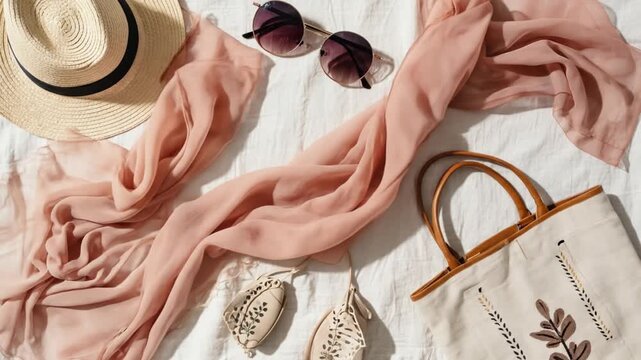 Summer beach accessories including a straw hat, sunglasses, scarf, and bag arranged on a light background