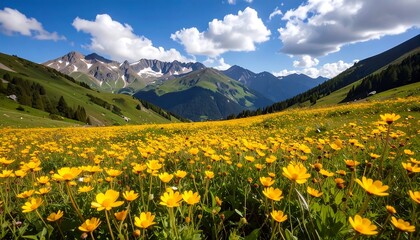 A vast meadow bursts with vibrant yellow flowers, nestled amidst lush green hills and snow-capped mountains, creating a breathtaking alpine landscape.