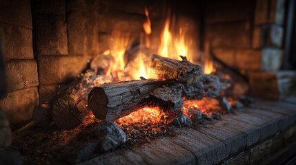 A warm fire burns in a rustic stone fireplace.
