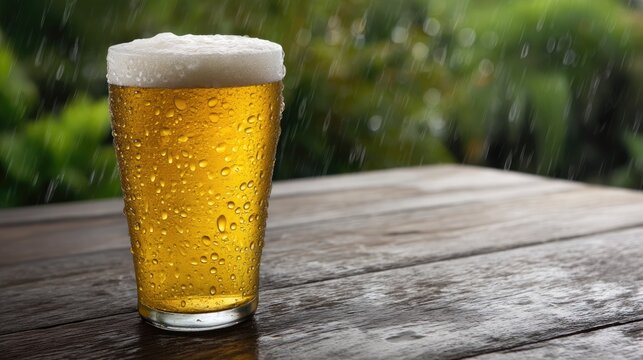 A frosty pint of golden ale sits on a wooden table, surrounded by droplets of rain. The setting evokes a cozy atmosphere perfect for enjoying brews on national beer lover’s day