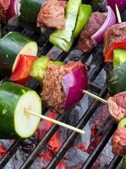 Grilling Meat and Vegetable Shish Kabobs on the Barbecue Grill
