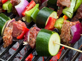 Grilling Meat and Vegetable Shish Kabobs on the Barbecue Grill
