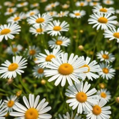 Close-up of delicate white daisies with bright yellow centers, blooming in a sunlit field, yellow, fresh, natural