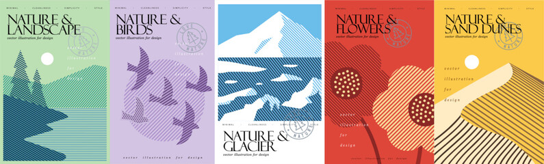Abstract nature.. Vector modern abstract geometric illustrations of sand dunes and desert, birds, glacier, flowers and landscape with lake, mountains and fir tree for poster, cover or background
