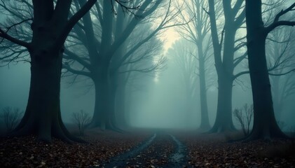 Obraz premium Dense fog shrouds ancient trees, eerie silence falls, mysterious night, green forest