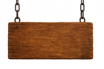 Wooden sign hanging on chains isolated on transparent background, ideal for adding custom text or graphics