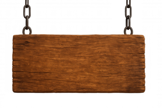 Wooden sign hanging on chains isolated on transparent background, ideal for adding custom text or graphics