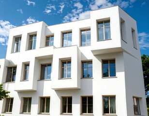 Obraz premium Modern, geometric apartment building with numerous windows against a partly cloudy sky.