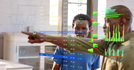 Co-workers exchanging glances and activating financial chart overlay while pointing sector graphs - Powered by Adobe
