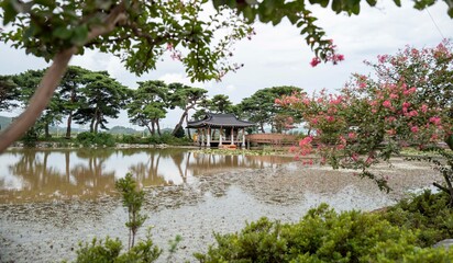 한가로운 농촌의 시골마을 정자가 있는 작은 연못