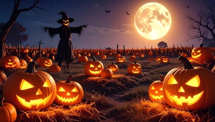 A scarecrow stands guard over a field of glowing jack-o'-lanterns under a full moon, creating an eerie and vibrant Halloween scene.