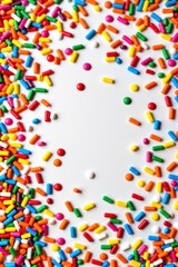 Obraz premium Rainbow candy sprinkles scattered on white background, vibrant colors, sweet treat, confectionery, festive, playful, colorful, sugary, delicious, colorful background, sugar, candy
