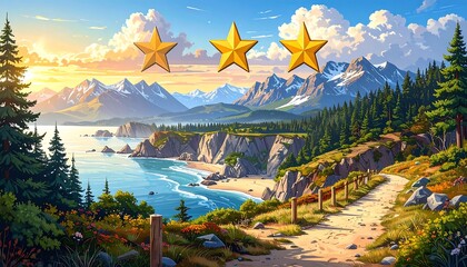 A scenic coastal vista, featuring a tranquil beach, towering mountains, and a winding trail, bathed in the golden light of sunrise or sunset.