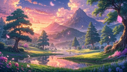 Anime fantasy scene with beautiful landscape with trees,  river and magical pink sky