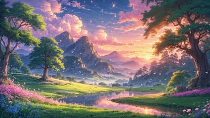 Anime fantasy scene with beautiful landscape with trees,  river and magical pink sky