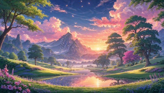 Anime fantasy scene with beautiful landscape with trees,  river and magical pink sky