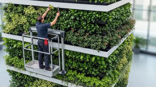 Elevated view of a multitier living wall being pruned illustrating ergonomic access solutions for indoor biophilic maintenance.